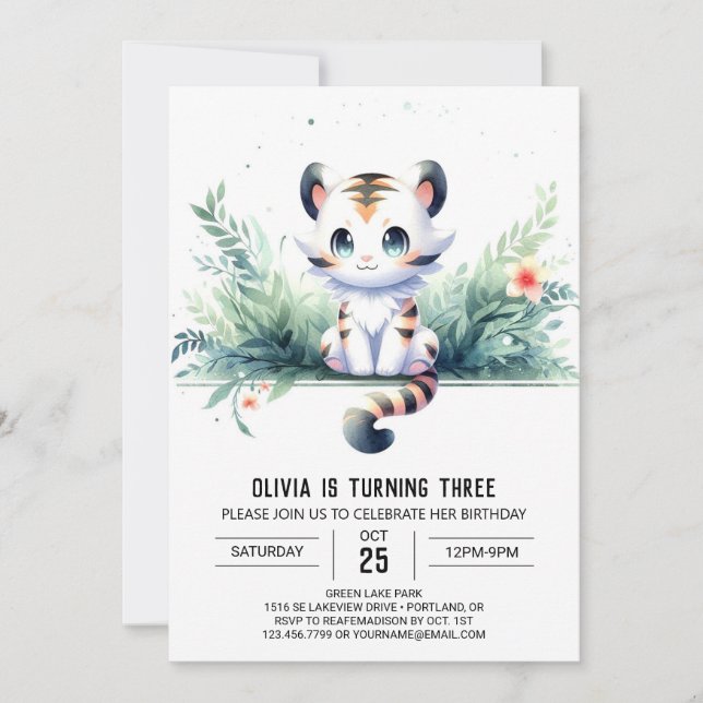 Watercolor Kids Tiger Birthday Invitation (Front)