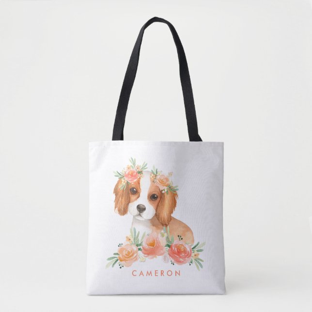 Watercolor King Charles Spaniel Orange Flowers Tote Bag (Front)