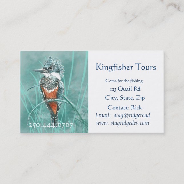 Watercolor Kingfisher Fishing Tours Business Logo Business Card (Front)