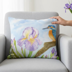 Watercolor Kingfisher with Purple Irises Accent Pillow