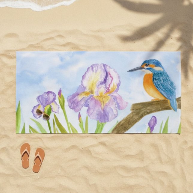 Watercolor Kingfisher with Purple Irises Beach Towel (Creator Uploaded)