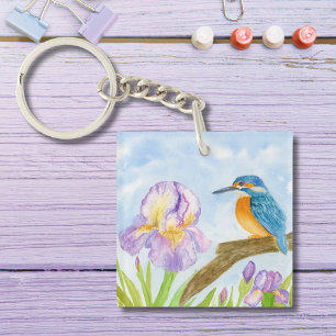 Watercolor Kingfisher with Purple Irises Keychain