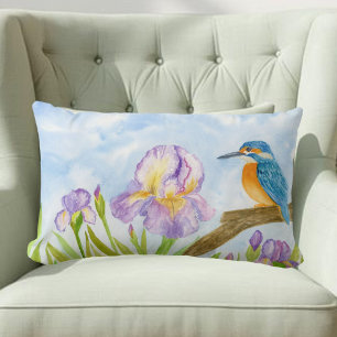 Watercolor Kingfisher with Purple Irises  Lumbar Pillow
