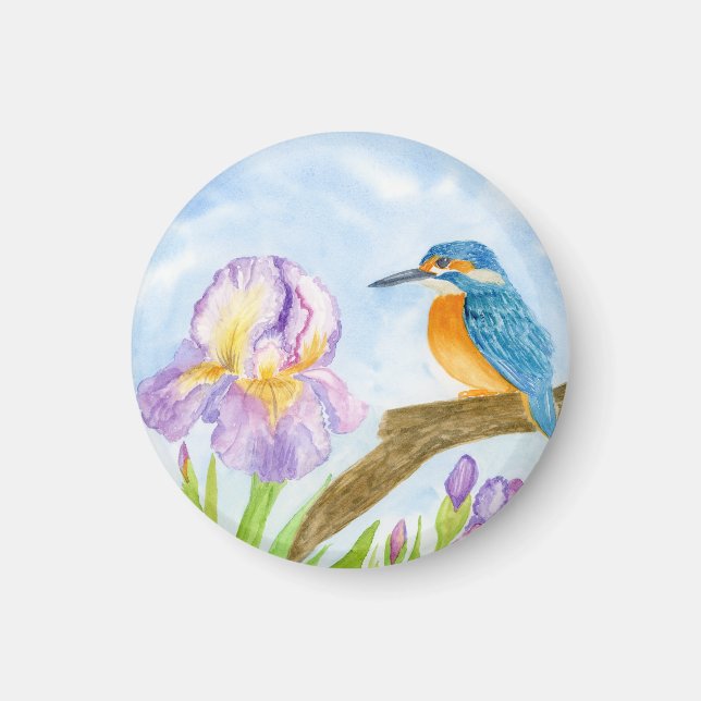Watercolor Kingfisher with Purple Irises Magnet (Front)
