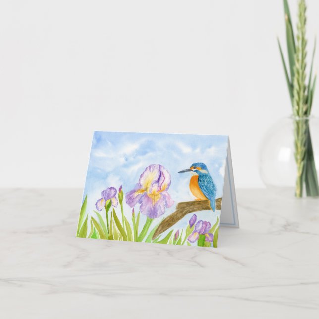 Watercolor Kingfisher with Purple Irises  Note Card (Front)