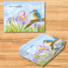Watercolor Kingfisher with Purple Irises  Paperweight