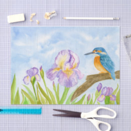Watercolor Kingfisher with Purple Irises  Tissue Paper
