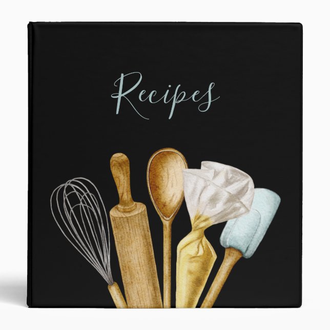 Watercolor Kitchen Cooking Utensils Recipe Binder (Front)