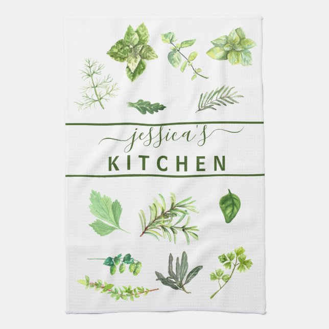 Watercolor Kitchen Herbs Greenery Personalized Kitchen Towel (Vertical)