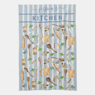 Watercolor Kitchen Monogram Utensils Modern Blue Kitchen Towel