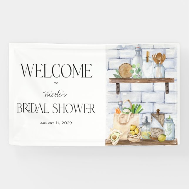Watercolor Kitchen Scene Bridal Shower Welcome Banner (Horizontal)