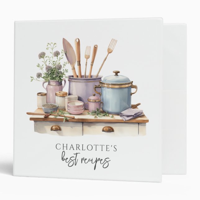 Watercolor Kitchen Tools Personalized Recipe  Binder (Front/Inside)