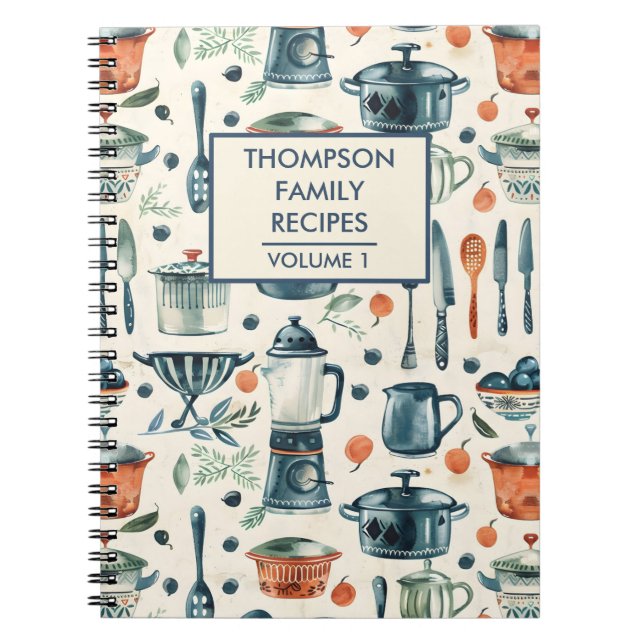 Watercolor Kitchen Tools Personalized Recipe Notebook (Front)