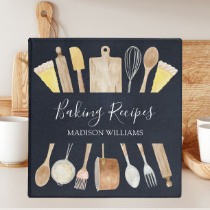 Watercolor Kitchen Utensils Black Baking Recipe Binder
