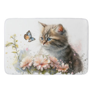 Watercolor Kitten and Butterfly Bath Mat