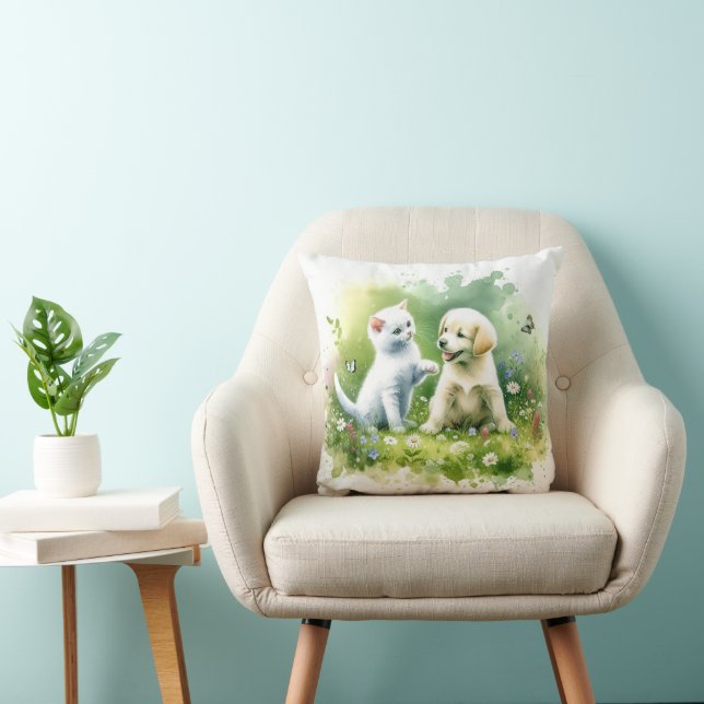 Watercolor Kitten and Puppy Throw Pillow (Chair)