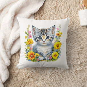 Watercolor Kitten Flowers Christmas Throw Pillow