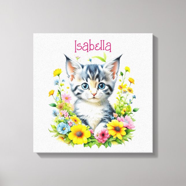Watercolor Kitten Flowers Personalized Canvas Print (Front)