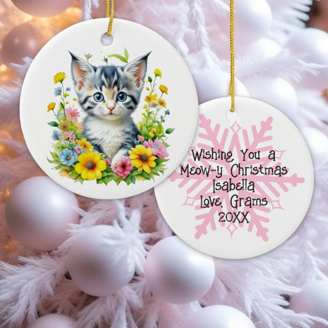Watercolor Kitten Flowers Personalized Christmas Ceramic Ornament (Creator Uploaded)