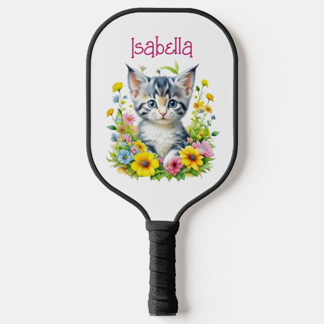 Watercolor Kitten Flowers Personalized Pickleball Paddle (Front)