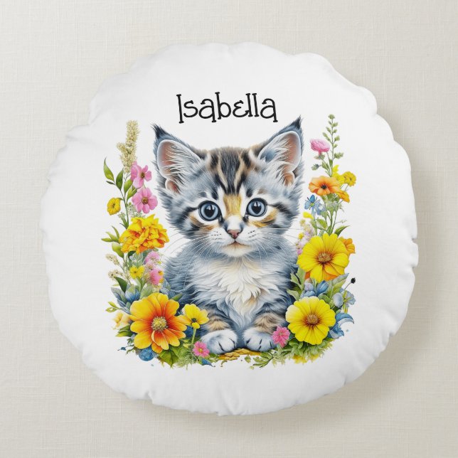 Watercolor Kitten in Flowers Personalized Round Pillow (Front)