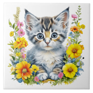 Watercolor Kitten in Yellow and Pink Flowers Tile