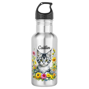 Watercolor Kitten in Yellow Flowers Personalized 532 Ml Water Bottle