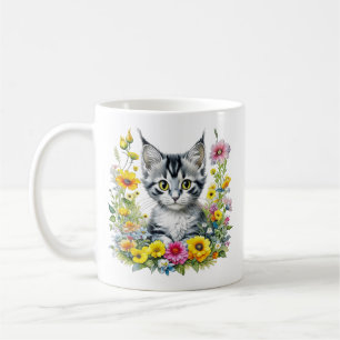 Watercolor Kitten in Yellow Flowers Personalized  Coffee Mug