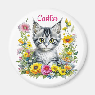 Watercolor Kitten in Yellow Flowers Personalized Magnet