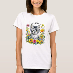 Watercolor Kitten in Yellow Flowers Personalized T-Shirt