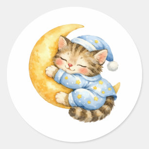 Watercolor Kitten Sleeping on the Crescent Moon  Classic Round Sticker