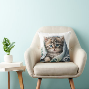 Watercolor Kitten Under Blanket Throw Pillow