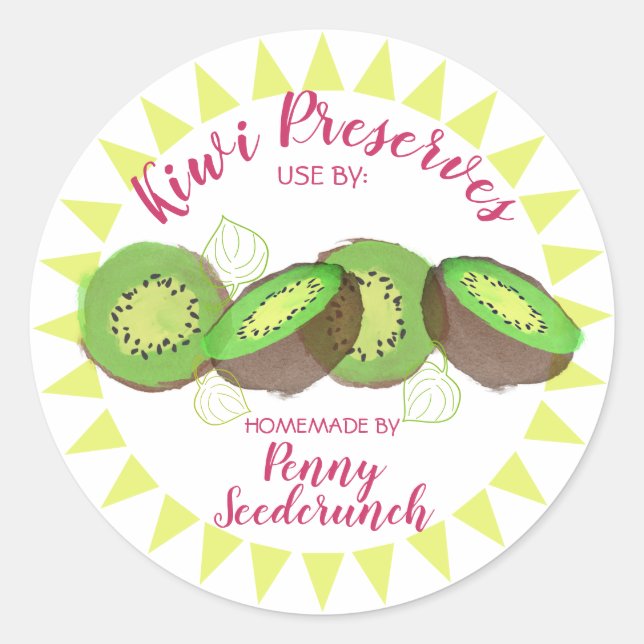 Watercolor kiwi sliced fruit personalized canning classic round sticker (Front)