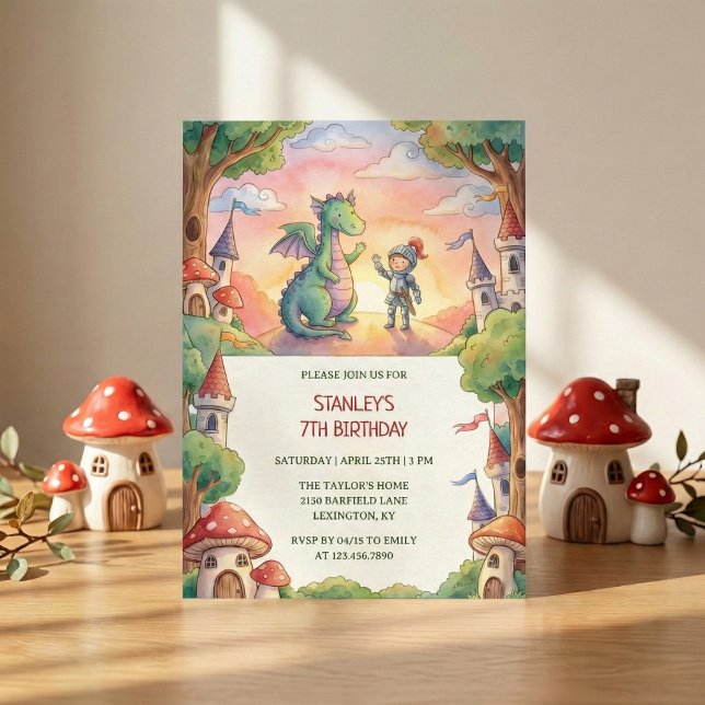 Watercolor Knight Dragon Fairytale Birthday Party Invitation (Watercolor Knight Dragon Fairytale Birthday Party Invitation)