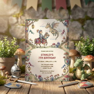 Watercolor Knight Dragon Fairytale Boy Birthday Invitation