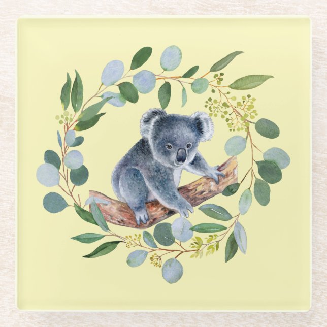 Watercolor Koala and Eucalyptus Wreath  Glass Coaster (Front)