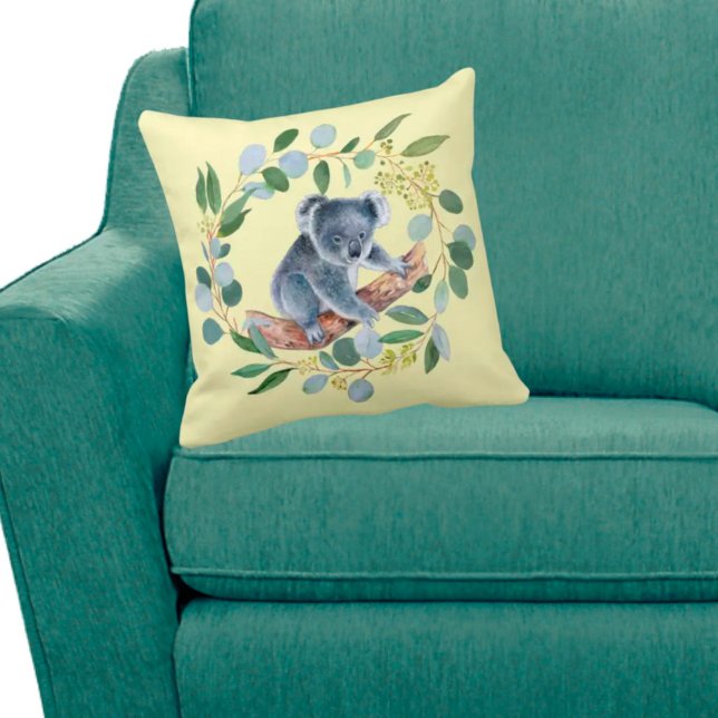 Watercolor Koala and Eucalyptus Wreath Throw Pillow (Creator Uploaded)