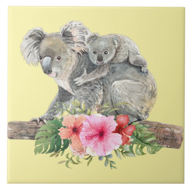 Watercolor Koala Bears Cute Mom & Baby Tile (Front)
