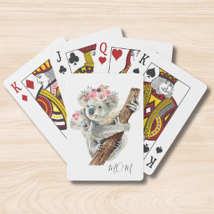 Watercolor Koala Mom Baby Floral Crown Playing Cards