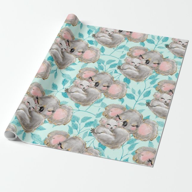 Watercolor Koala Mom, Baby Greenery Wrapping Paper (Unrolled)