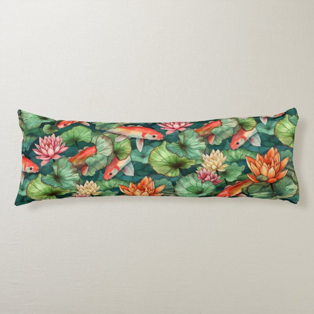 Watercolor Koi and Water Lilies Body Pillow (Front)