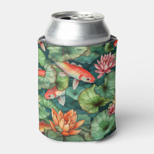 Watercolor Koi and Water Lilies Can Cooler