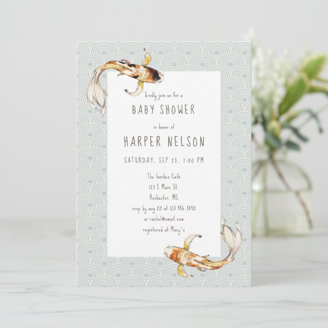 watercolor koi fish baby shower invitation (Standing Front)