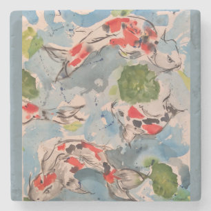 Watercolor Koi Fish Pond Stone Coaster