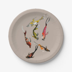 Watercolor koi fish red brown gold paper plate