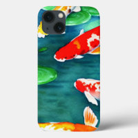 Watercolor Koi Fish Swimming in Pond