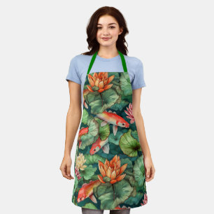Watercolor Koi & Water Lilies All-Over Print Apron