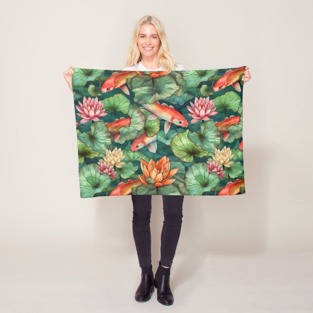 Watercolor Koi & Water Lilies Fleece Blanket (In Situ)