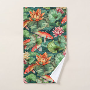 Watercolor Koi & Water Lilies Hand Towel