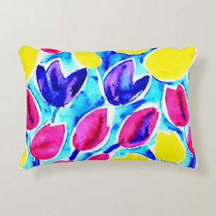 Watercolor kraft tulips in colourful pattern Yello Accent Pillow